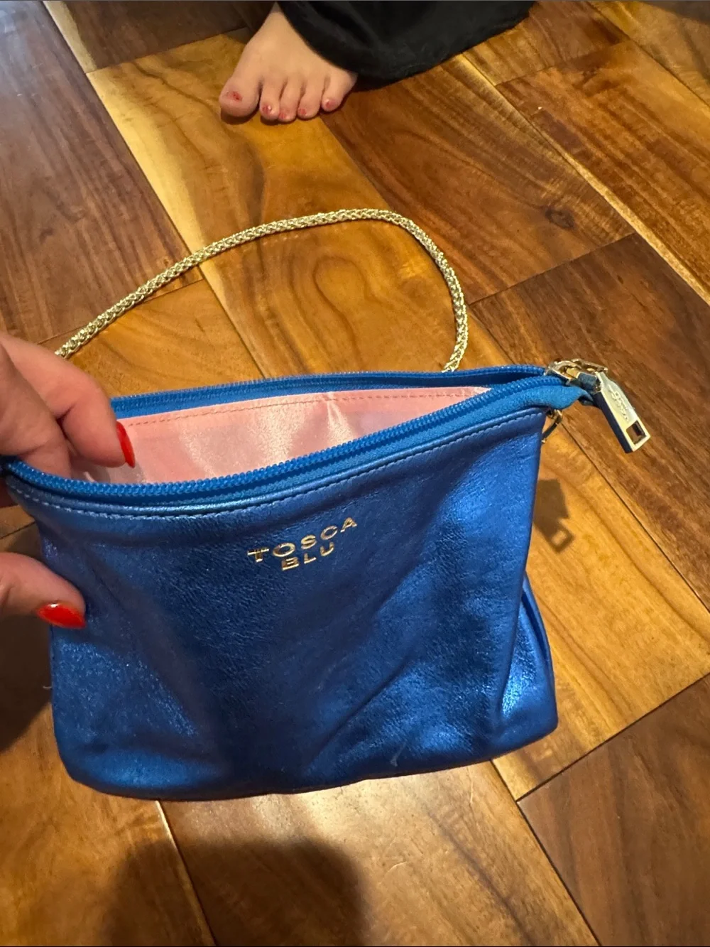 TOSCA BLU Metallic Blue Crossbody with Gold Chain Strap